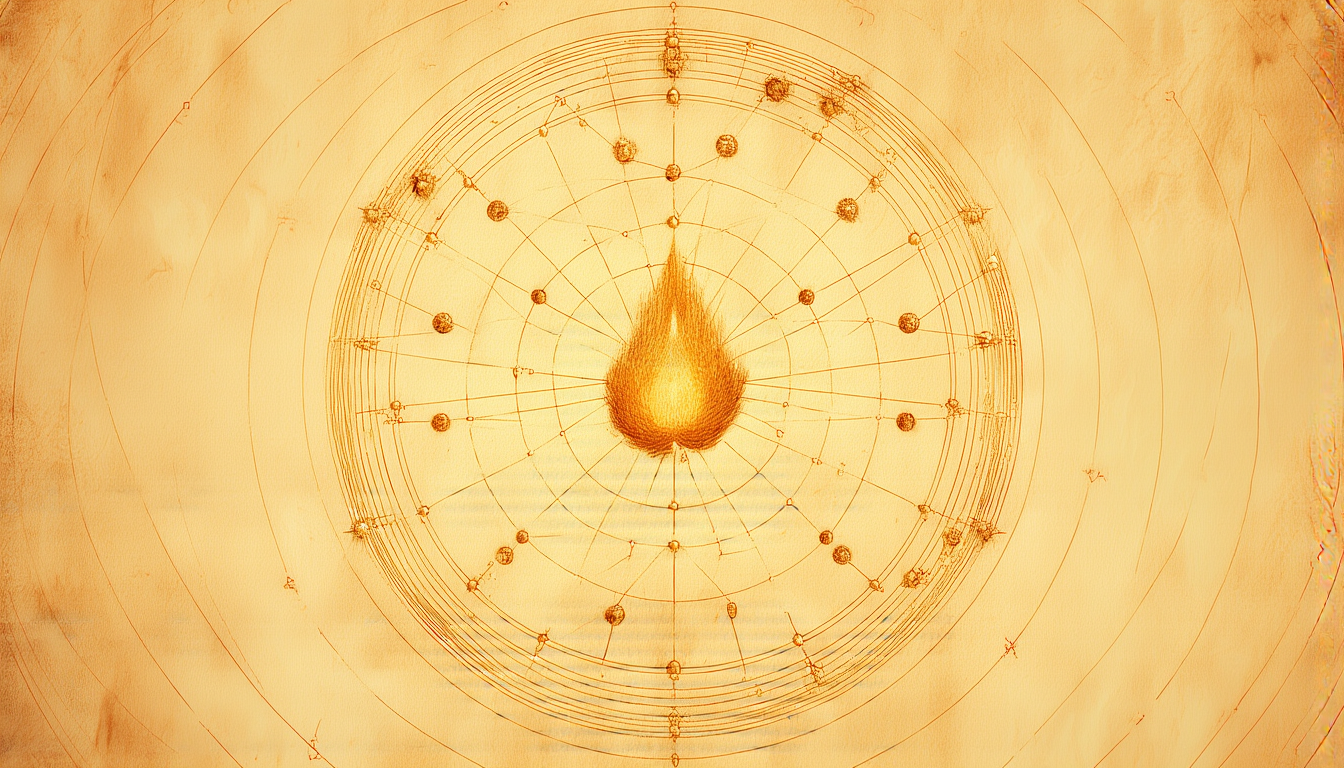 A golden orrery of twenty points around a central flame