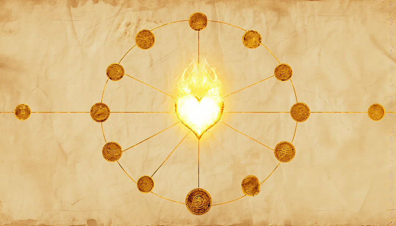 A ring of twenty golden nodes around a radiant heart