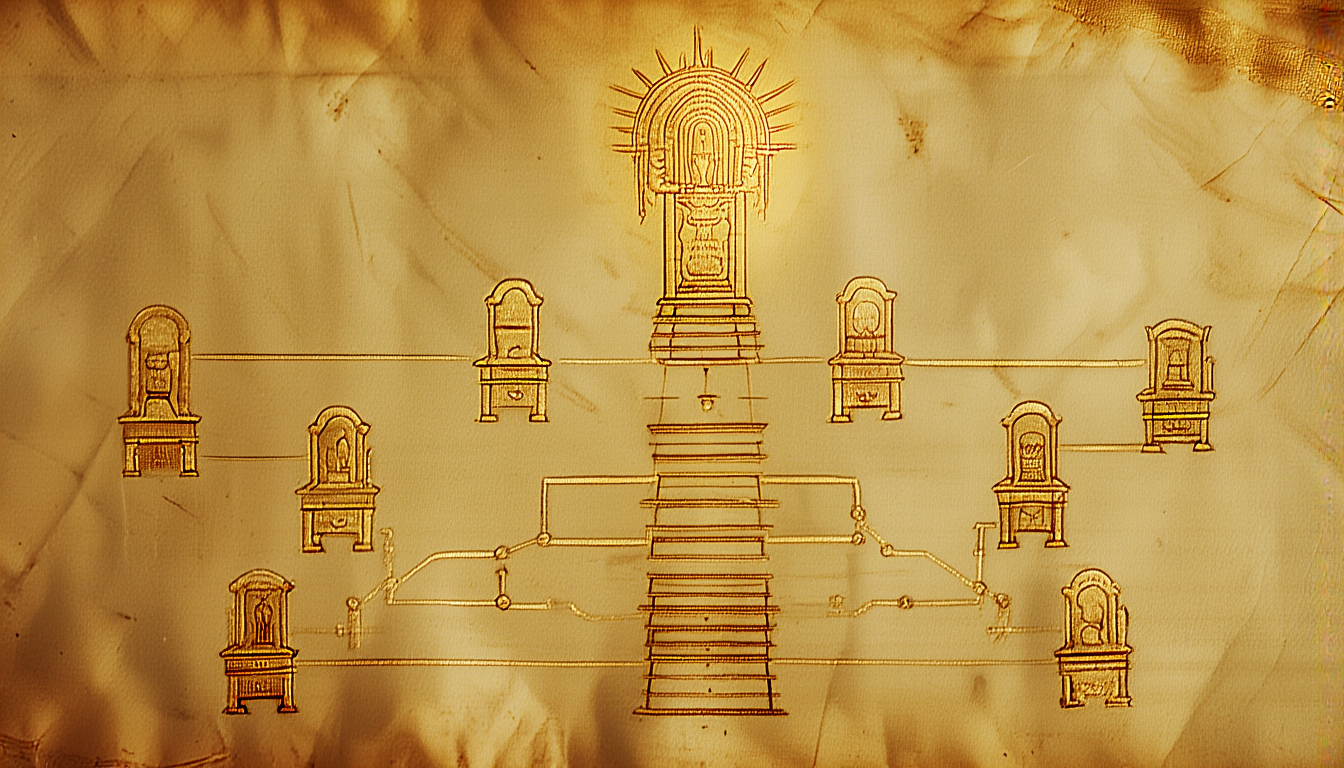 An org chart of twelve empty thrones around one vacant central seat